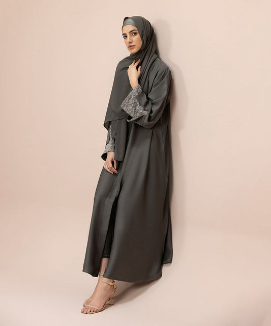 Sapphire - Button Through Abaya Set With Net Fabric  Detail