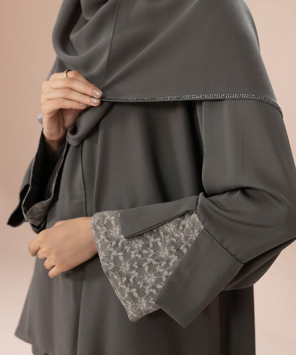 Sapphire - Button Through Abaya Set With Net Fabric  Detail