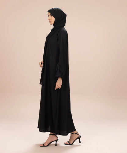 Sapphire - Button Through Abaya Set With Net Fabric Detail