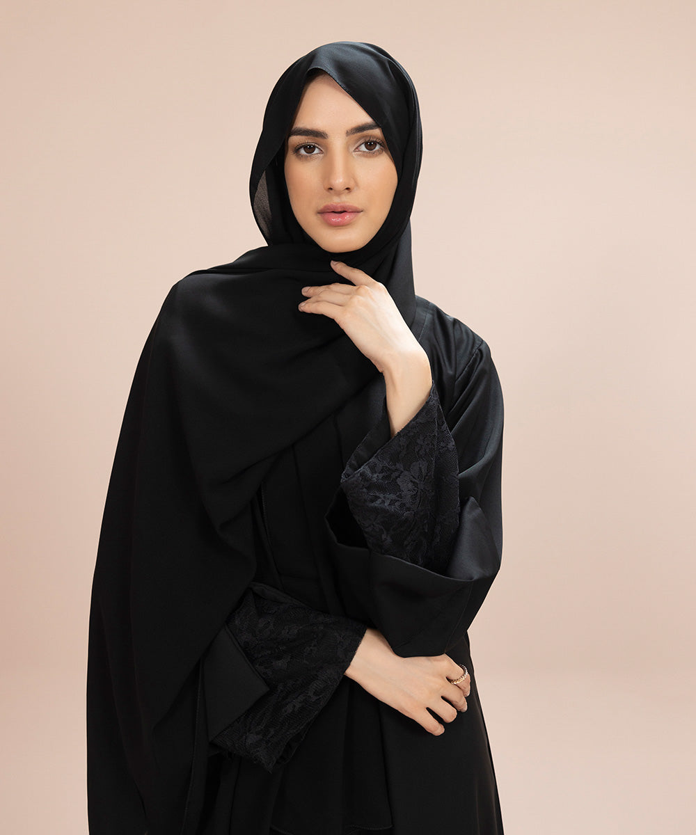 Sapphire - Button Through Abaya Set With Net Fabric Detail