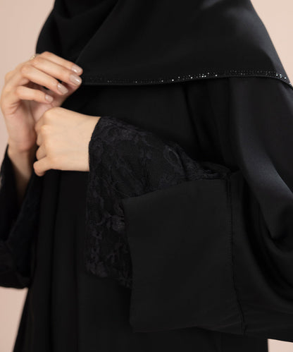 Sapphire - Button Through Abaya Set With Net Fabric Detail