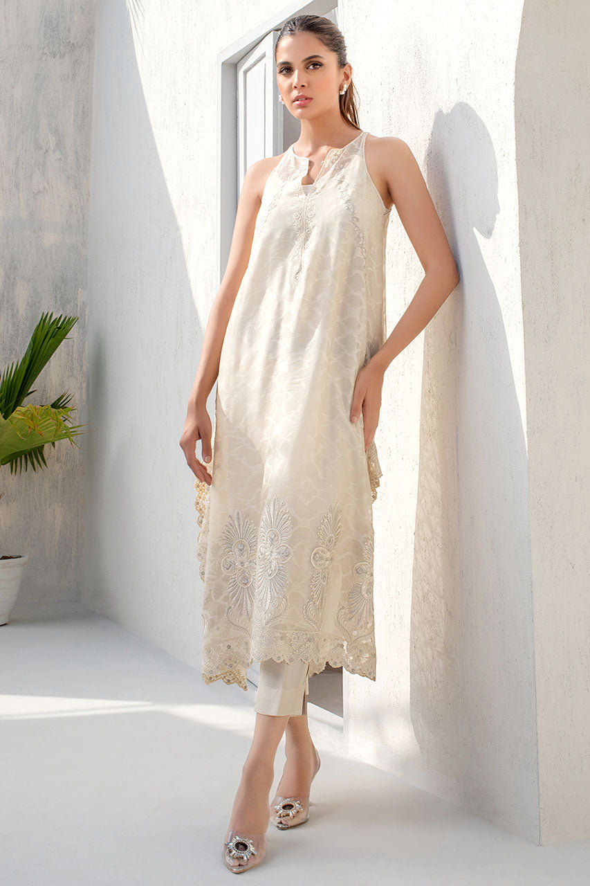 Ivory Cotton Net Kurta With Drop Corners And Embroidery Detailing