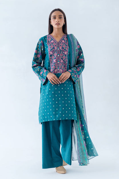 Beechtree - 3 PIECE - EMBROIDERED CAMBRIC SUIT - TEAL AURA (UNSTITCHED)