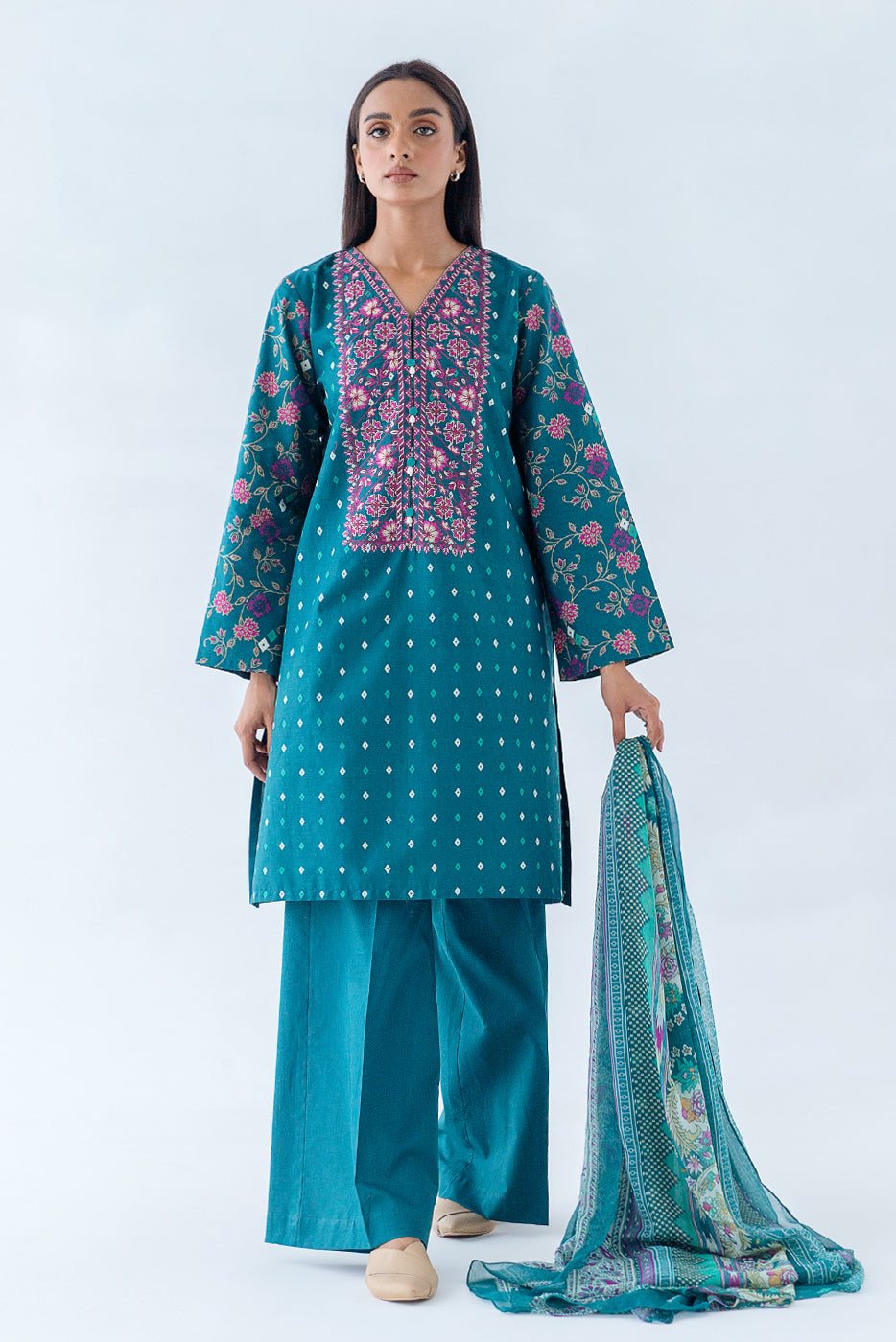 Beechtree - 3 PIECE - EMBROIDERED CAMBRIC SUIT - TEAL AURA (UNSTITCHED)