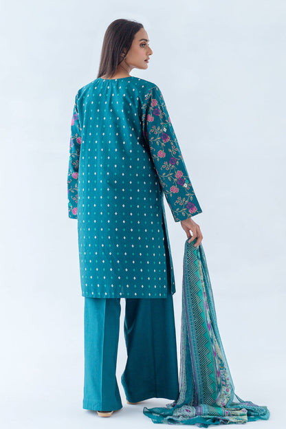 Beechtree - 3 PIECE - EMBROIDERED CAMBRIC SUIT - TEAL AURA (UNSTITCHED)