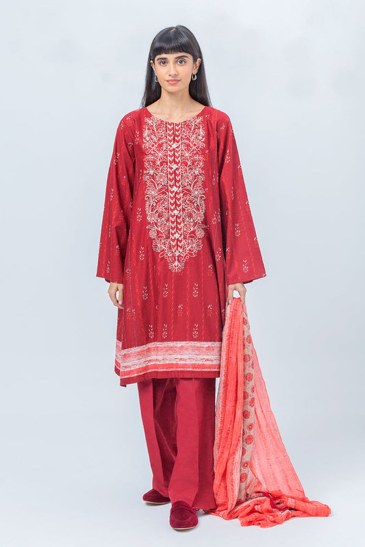 Beechtree - 3 PIECE - EMBROIDERED CAMBRIC SUIT - SCARLET HAZE (UNSTITCHED)