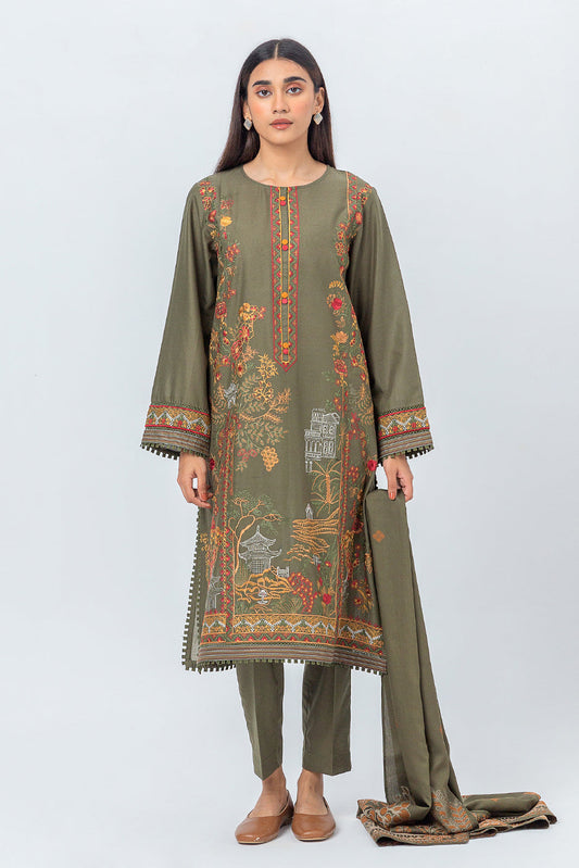 Beechtree - 3 PIECE - EMBROIDERED CAMBRIC SUIT WITH WOVEN SHAWL - CEDAR GREEN (UNSTITCHED)