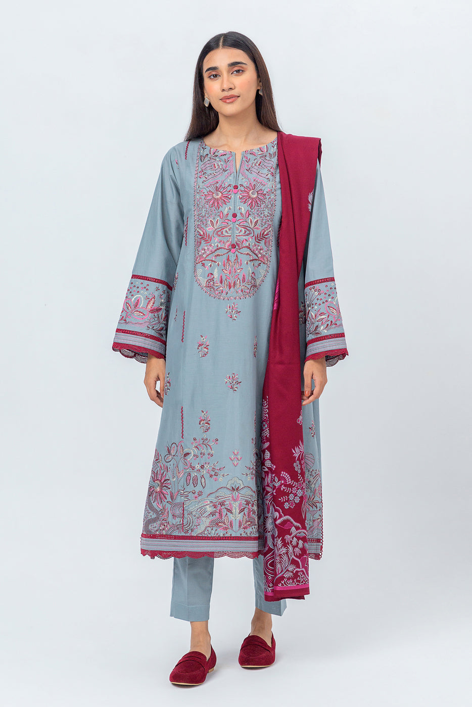 Beechtree - 3 PIECE - EMBROIDERED CAMBRIC SUIT WITH WOVEN SHAWL - DIVINITY DREAM (UNSTITCHED)