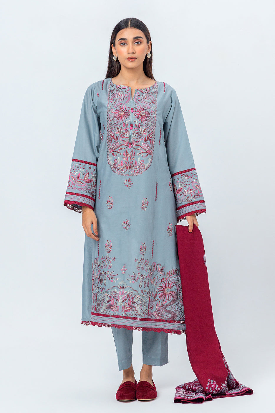 Beechtree - 3 PIECE - EMBROIDERED CAMBRIC SUIT WITH WOVEN SHAWL - DIVINITY DREAM (UNSTITCHED)