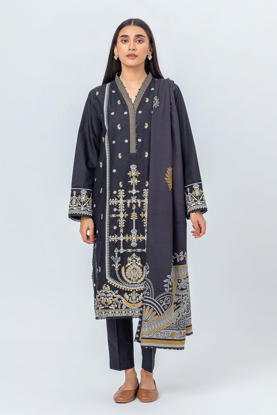 Beechtree - 3 PIECE - EMBROIDERED CAMBRIC SUIT WITH WOVEN SHAWL - NOIR GLAM (UNSTITCHED)