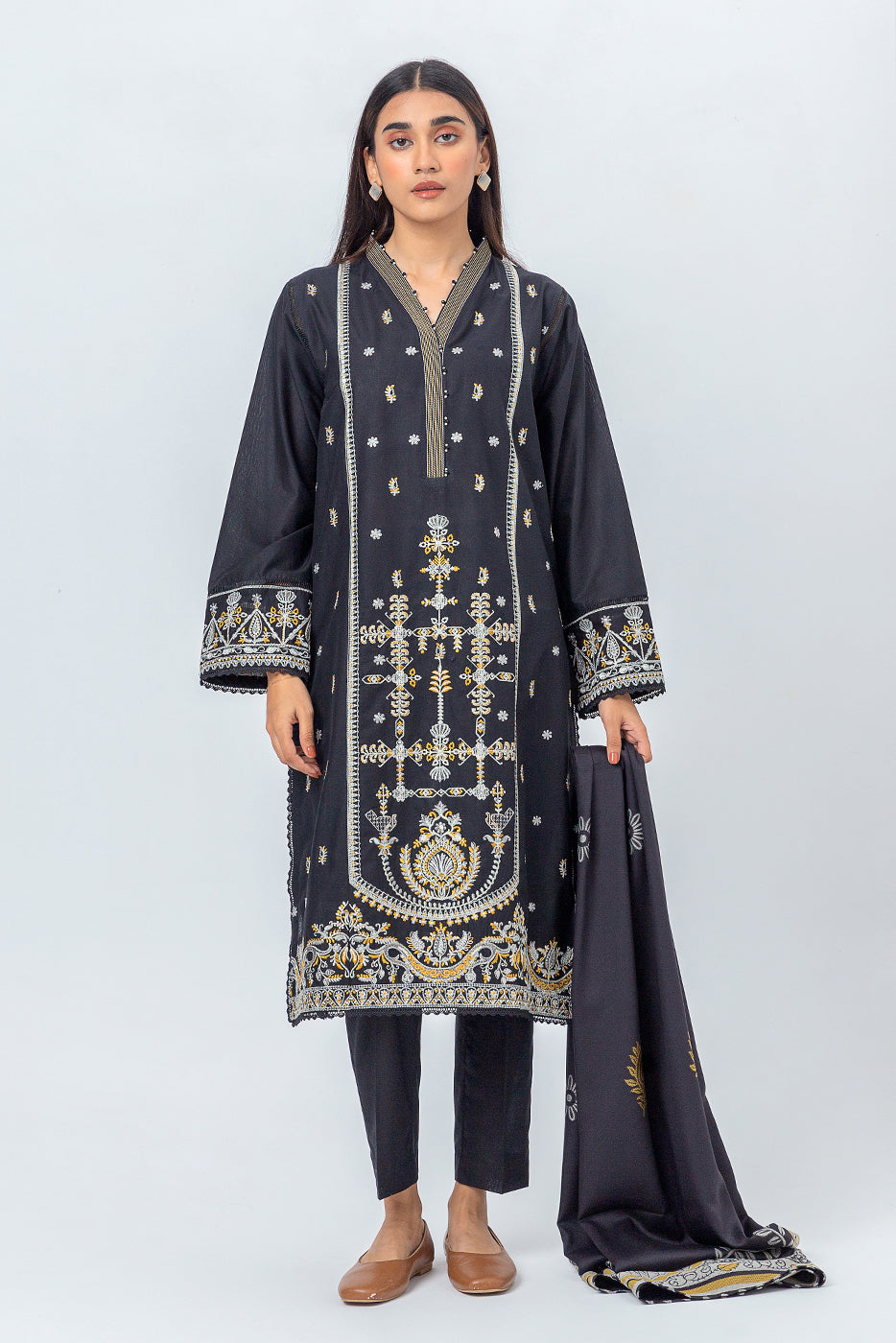 Beechtree - 3 PIECE - EMBROIDERED CAMBRIC SUIT WITH WOVEN SHAWL - NOIR GLAM (UNSTITCHED)