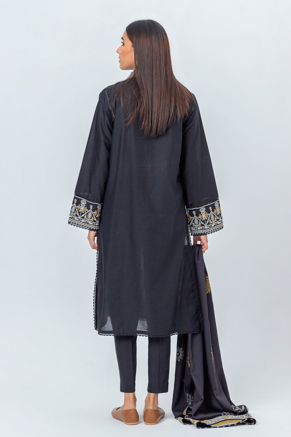 Beechtree - 3 PIECE - EMBROIDERED CAMBRIC SUIT WITH WOVEN SHAWL - NOIR GLAM (UNSTITCHED)