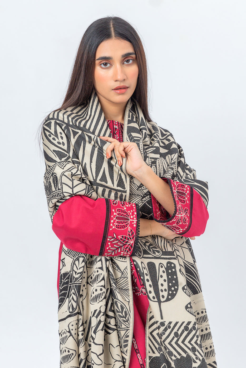 Beechtree - 3 PIECE - EMBROIDERED CAMBRIC SUIT WITH WOVEN SHAWL - FUCHSIA ROUGE (UNSTITCHED)