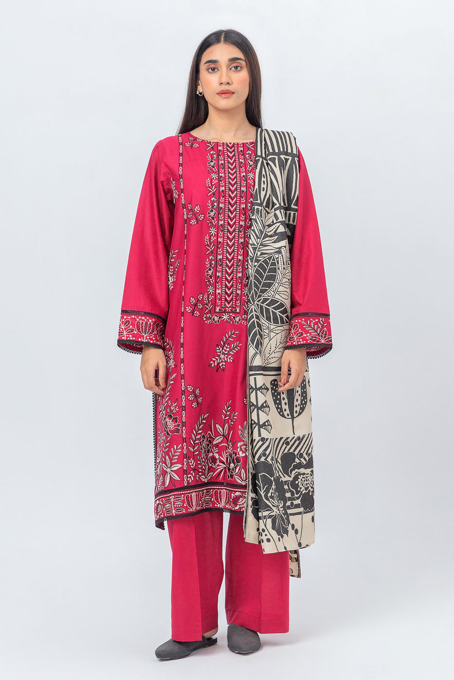 Beechtree - 3 PIECE - EMBROIDERED CAMBRIC SUIT WITH WOVEN SHAWL - FUCHSIA ROUGE (UNSTITCHED)