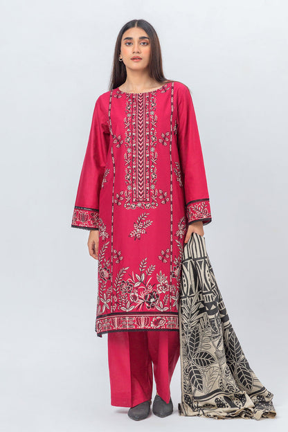 Beechtree - 3 PIECE - EMBROIDERED CAMBRIC SUIT WITH WOVEN SHAWL - FUCHSIA ROUGE (UNSTITCHED)