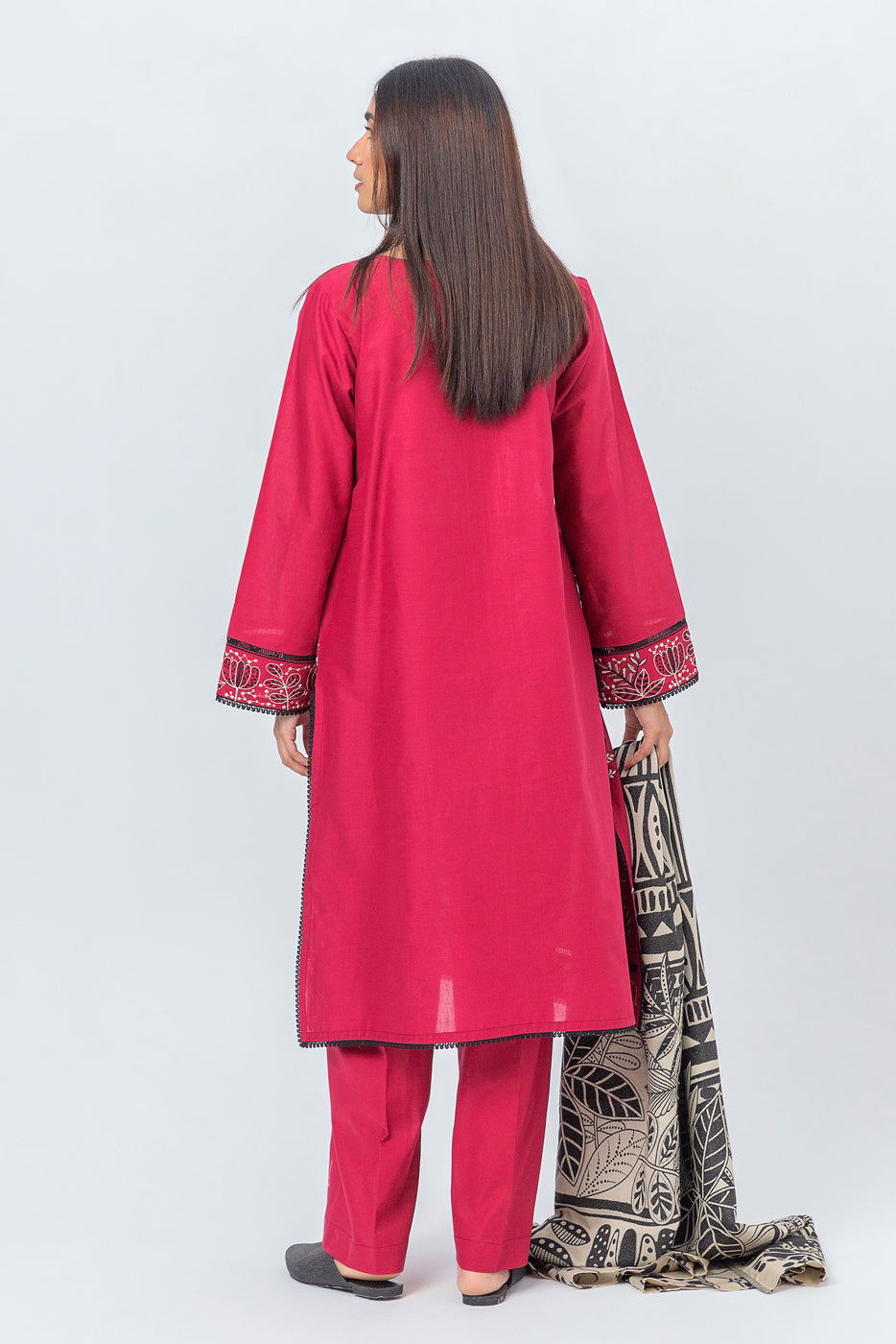 Beechtree - 3 PIECE - EMBROIDERED CAMBRIC SUIT WITH WOVEN SHAWL - FUCHSIA ROUGE (UNSTITCHED)