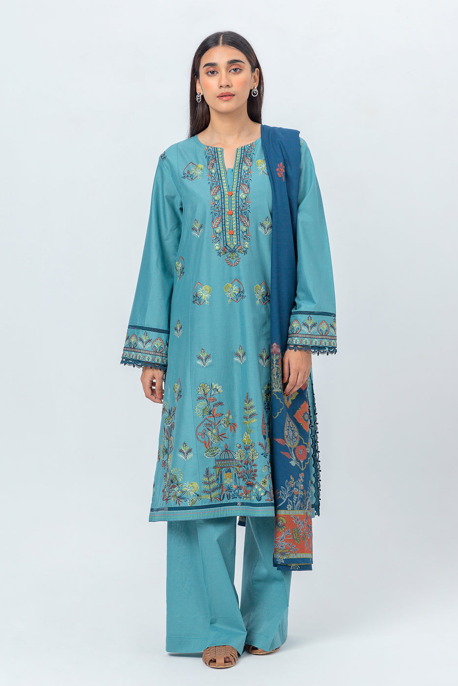 Beechtree - 3 PIECE - EMBROIDERED CAMBRIC SUIT WITH WOVEN SHAWL - BALMY BLUE (UNSTITCHED)