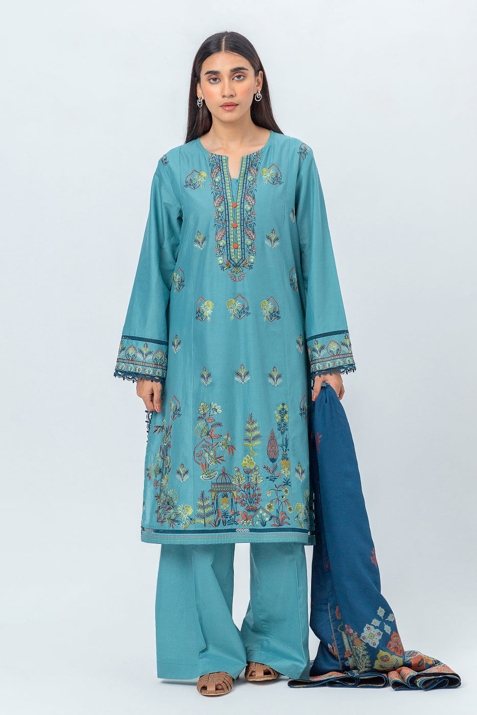 Beechtree - 3 PIECE - EMBROIDERED CAMBRIC SUIT WITH WOVEN SHAWL - BALMY BLUE (UNSTITCHED)