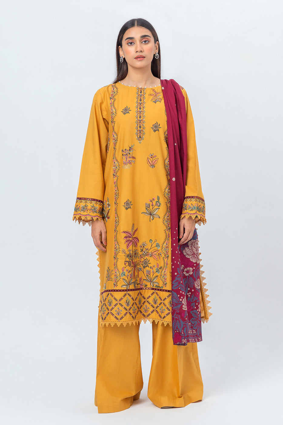 Beechtree - 3 PIECE - EMBROIDERED CAMBRIC SUIT WITH WOVEN SHAWL - TROPICAL MAZE (UNSTITCHED)