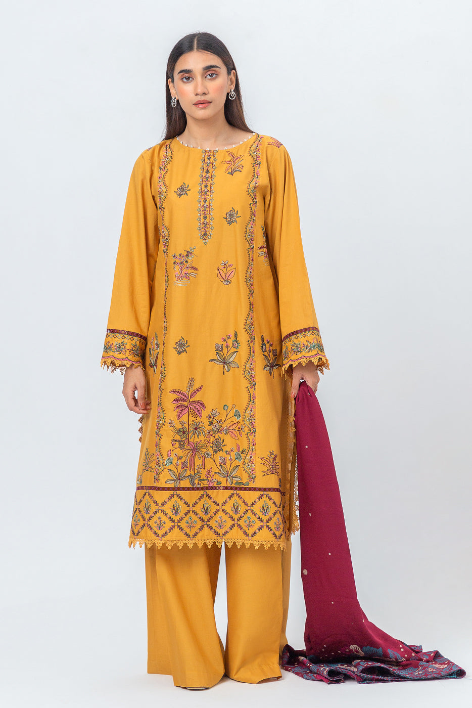 Beechtree - 3 PIECE - EMBROIDERED CAMBRIC SUIT WITH WOVEN SHAWL - TROPICAL MAZE (UNSTITCHED)