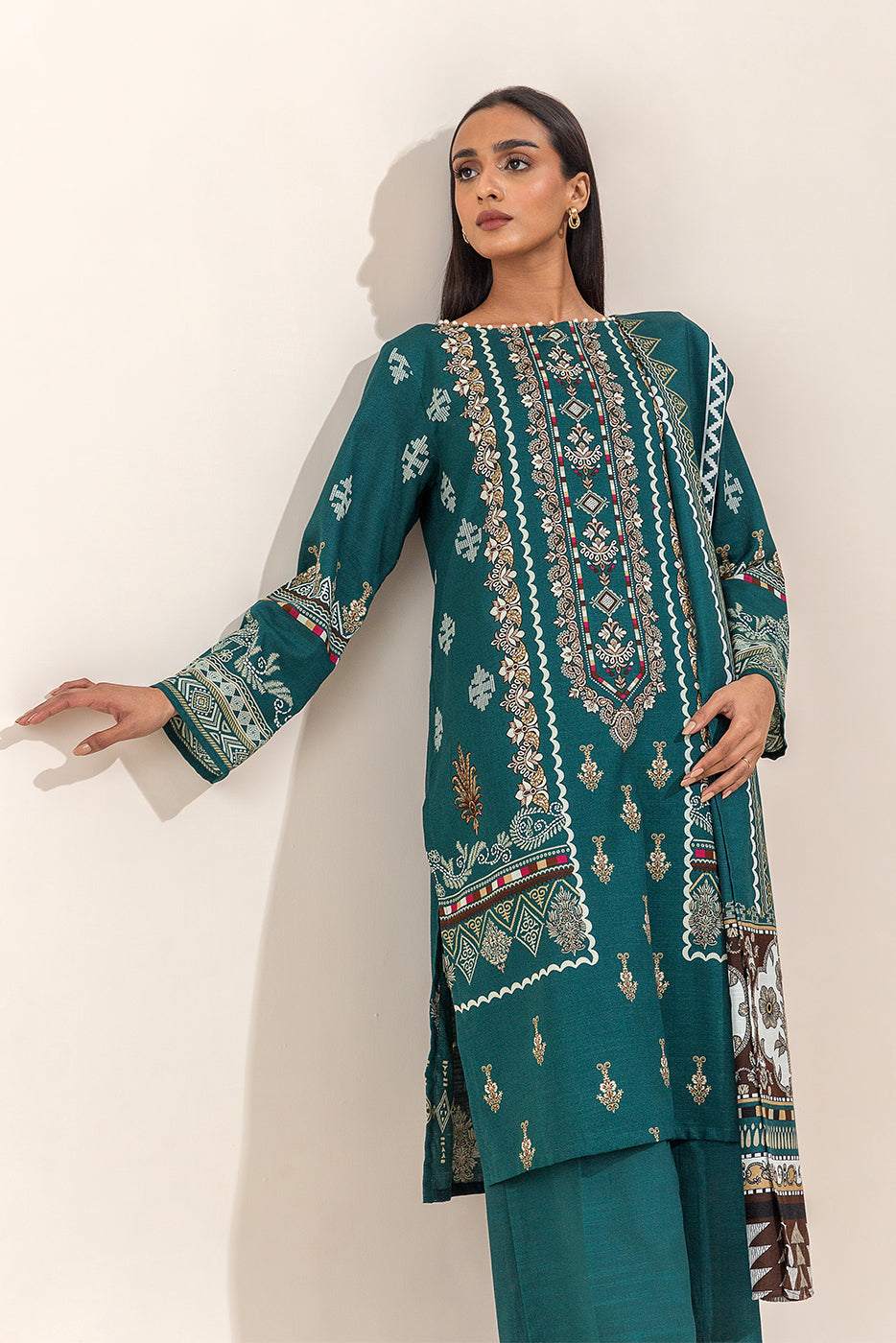 Beechtree - 3 PIECE - PRINTED KHADDAR SUIT - TEAL ORNATE (UNSTITCHED)