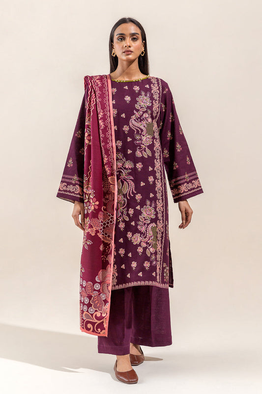 Beechtree - 3 PIECE - EMBROIDERED KHADDAR SUIT WITH SHAWL - MULBERRY BLOOM (UNSTITCHED)