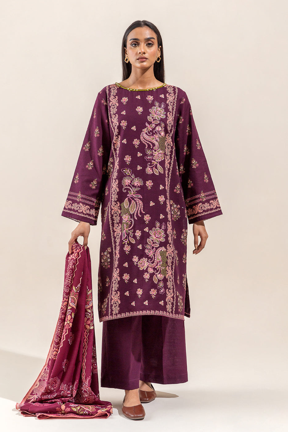 Beechtree - 3 PIECE - EMBROIDERED KHADDAR SUIT WITH SHAWL - MULBERRY BLOOM (UNSTITCHED)