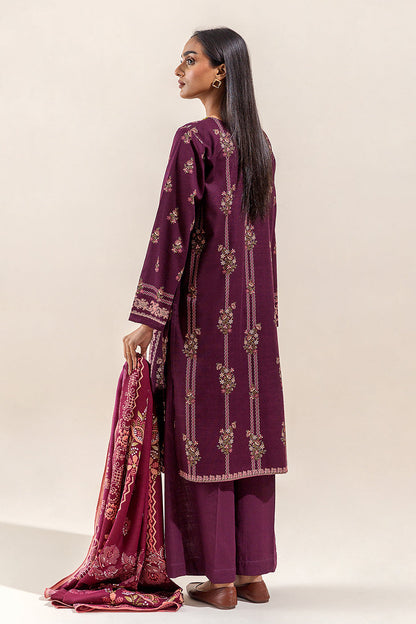 Beechtree - 3 PIECE - EMBROIDERED KHADDAR SUIT WITH SHAWL - MULBERRY BLOOM (UNSTITCHED)