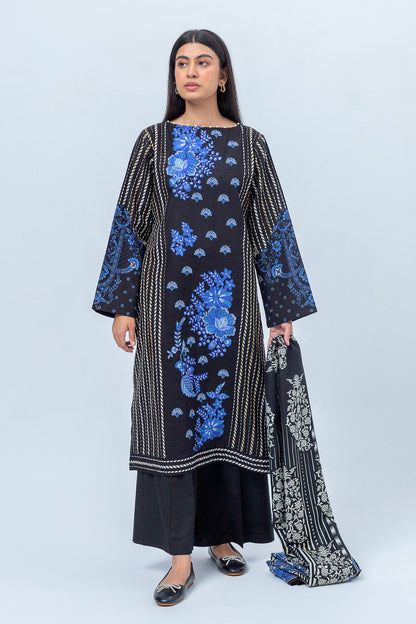 Beechtree - 3 PIECE - EMBROIDERED KHADDAR SUIT WITH PRINTED SHAWL - WONDROUS BLACK (UNSTITCHED)