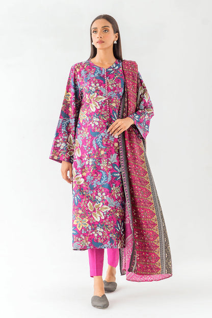 Beechtree - 3 PIECE - PRINTED COTTON SATIN SUIT WITH PRINTED SHAWL - MAGENTA VEIL (UNSTITCHED)