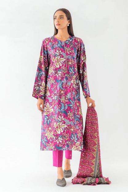 Beechtree - 3 PIECE - PRINTED COTTON SATIN SUIT WITH PRINTED SHAWL - MAGENTA VEIL (UNSTITCHED)