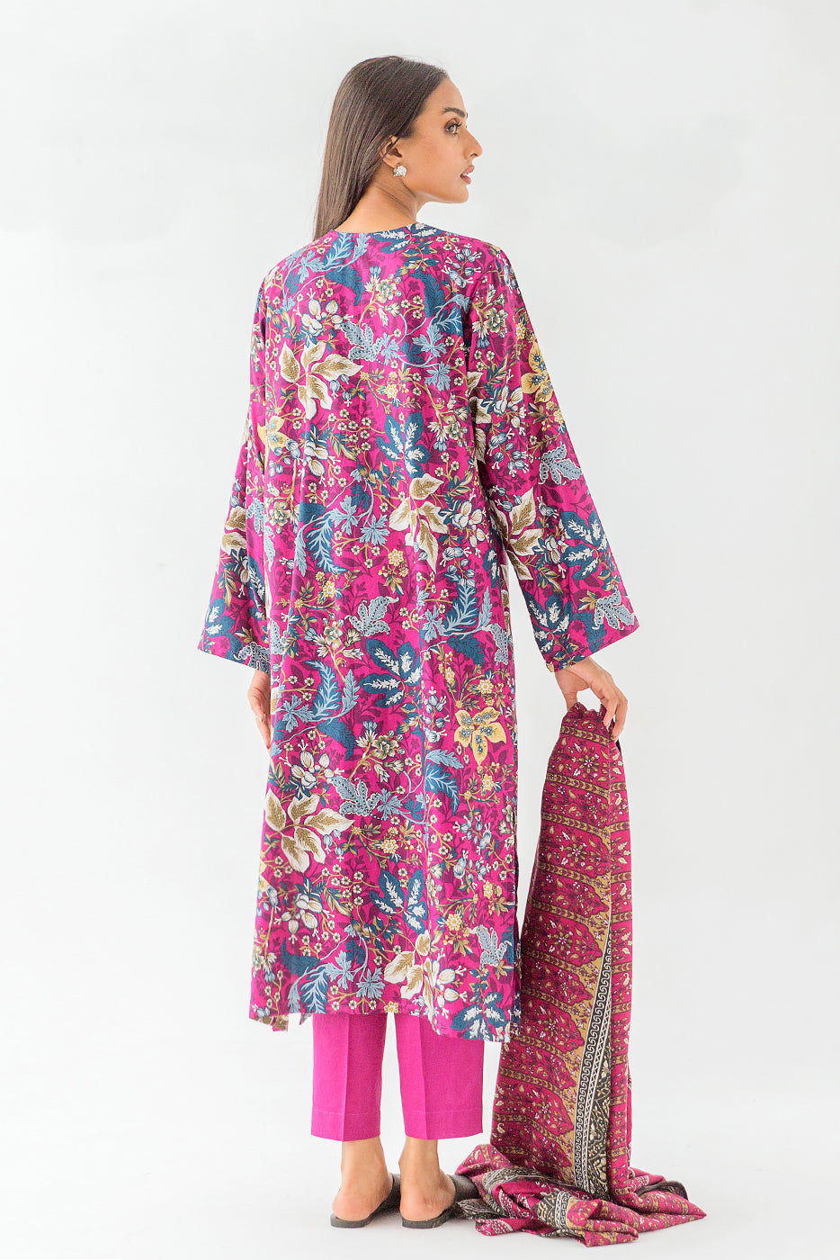 Beechtree - 3 PIECE - PRINTED COTTON SATIN SUIT WITH PRINTED SHAWL - MAGENTA VEIL (UNSTITCHED)