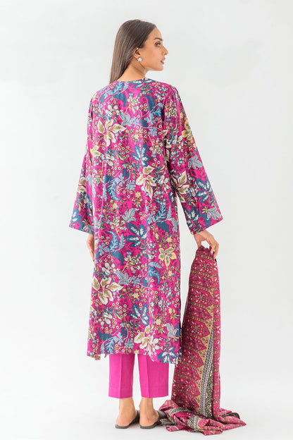 Beechtree - 3 PIECE - PRINTED COTTON SATIN SUIT WITH PRINTED SHAWL - MAGENTA VEIL (UNSTITCHED)