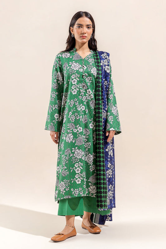 Beechtree - 3 PIECE - PRINTED COTTON SATIN SUIT WITH PRINTED SHAWL - MEADOW GREEN (UNSTITCHED)