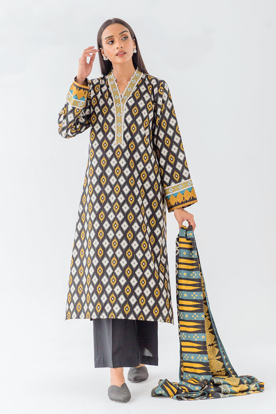 Beechtree - 3 PIECE - PRINTED COTTON SATIN SUIT WITH PRINTED SHAWL - EXUBERANT IKAT (UNSTITCHED)