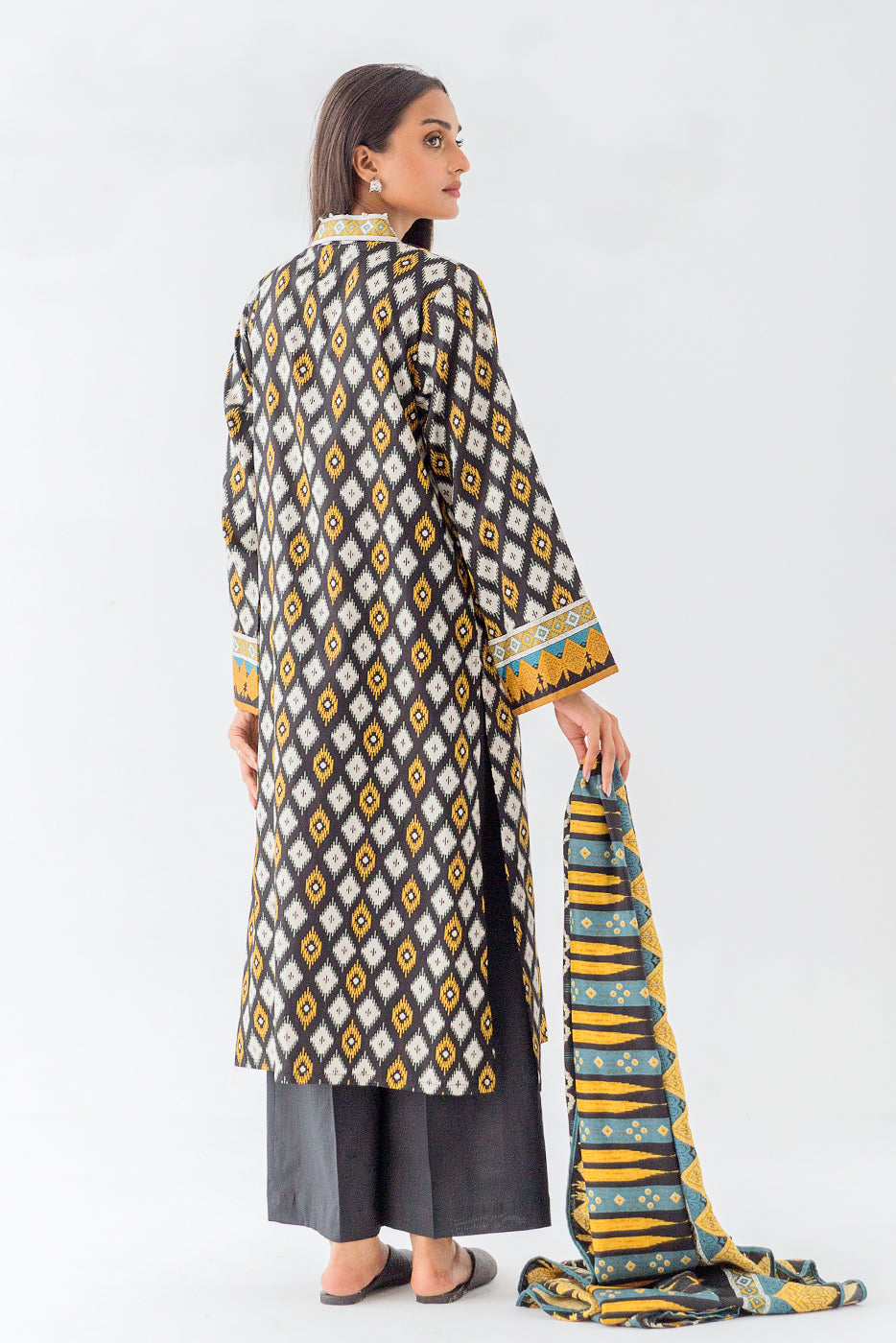 Beechtree - 3 PIECE - PRINTED COTTON SATIN SUIT WITH PRINTED SHAWL - EXUBERANT IKAT (UNSTITCHED)