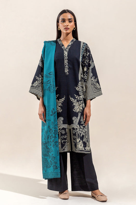 Beechtree - 3 PIECE - PRINTED KHADDAR SUIT WITH WOVEN SHAWL- AEGEAN PITCH (UNSTITCHED)