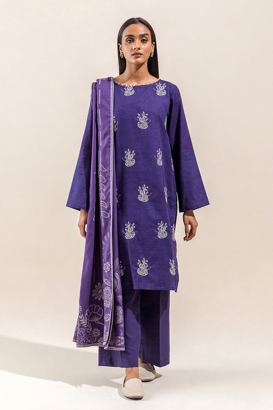 Beechtree - 3 PIECE - EMBROIDERED KHADDAR SUIT WITH WOVEN SHAWL - AUBEGIENE BLOOM (UNSTITCHED)