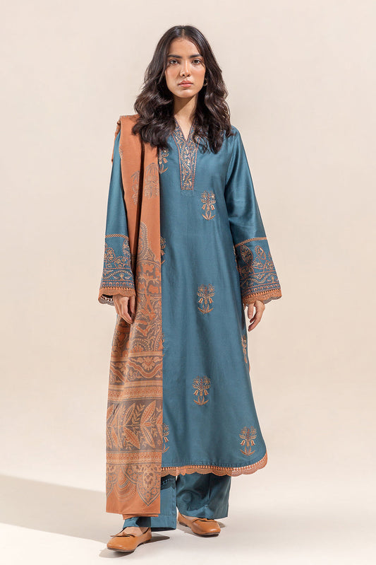 Beechtree - 2 PIECE - EMBROIDERED  COTTON SATIN SUIT WITH WOVEN SHAWL - ACCENT ZONE (UNSTITCHED)