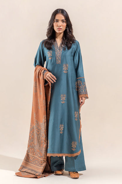 Beechtree - 2 PIECE - EMBROIDERED  COTTON SATIN SUIT WITH WOVEN SHAWL - ACCENT ZONE (UNSTITCHED)