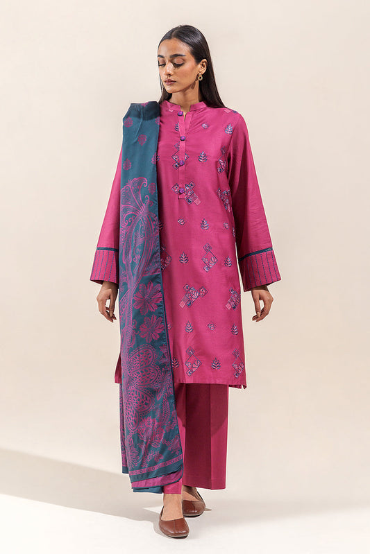 Beechtree - 2 PIECE - EMBROIDERED COTTON SATIN SUIT WITH WOVEN SHAWL - MYSTIC ROUGE