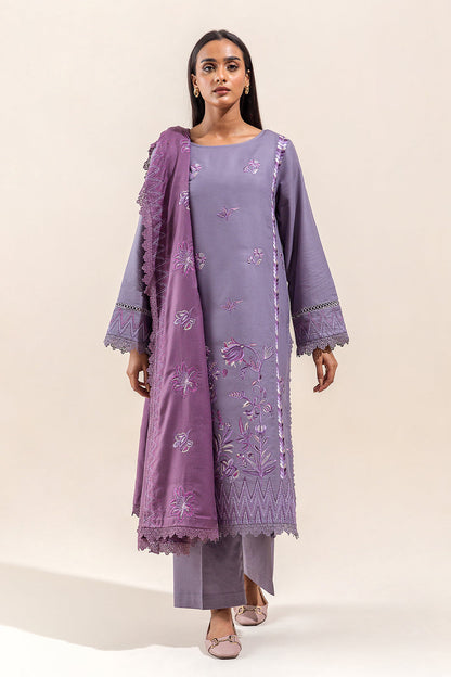 Beechtree - 3 PIECE - EMBROIDERED COTTON SATIN SUIT WITH EMBROIDERED SHAWL - FOSSIL MAUVE (UNSTITCHED)