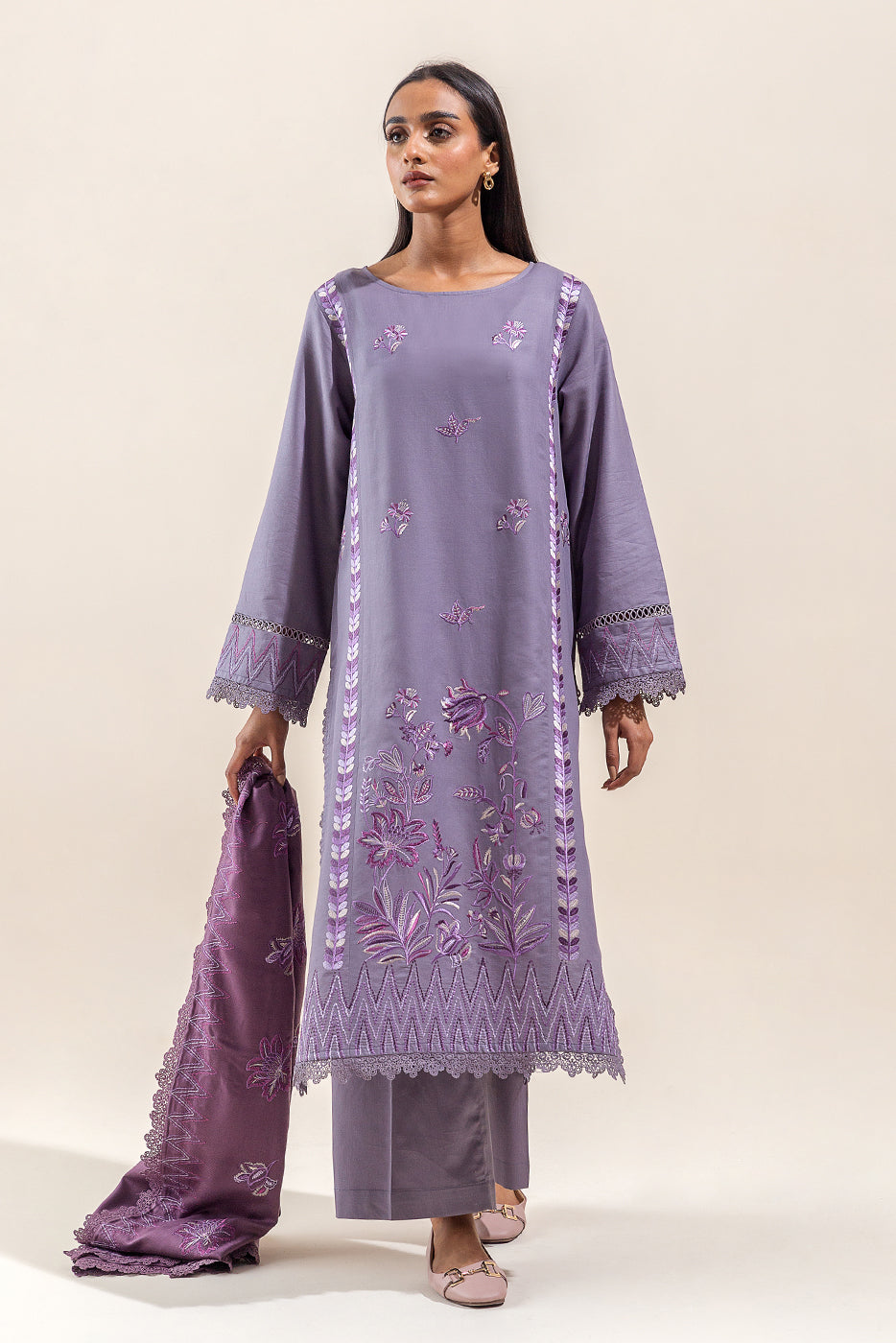 Beechtree - 3 PIECE - EMBROIDERED COTTON SATIN SUIT WITH EMBROIDERED SHAWL - FOSSIL MAUVE (UNSTITCHED)