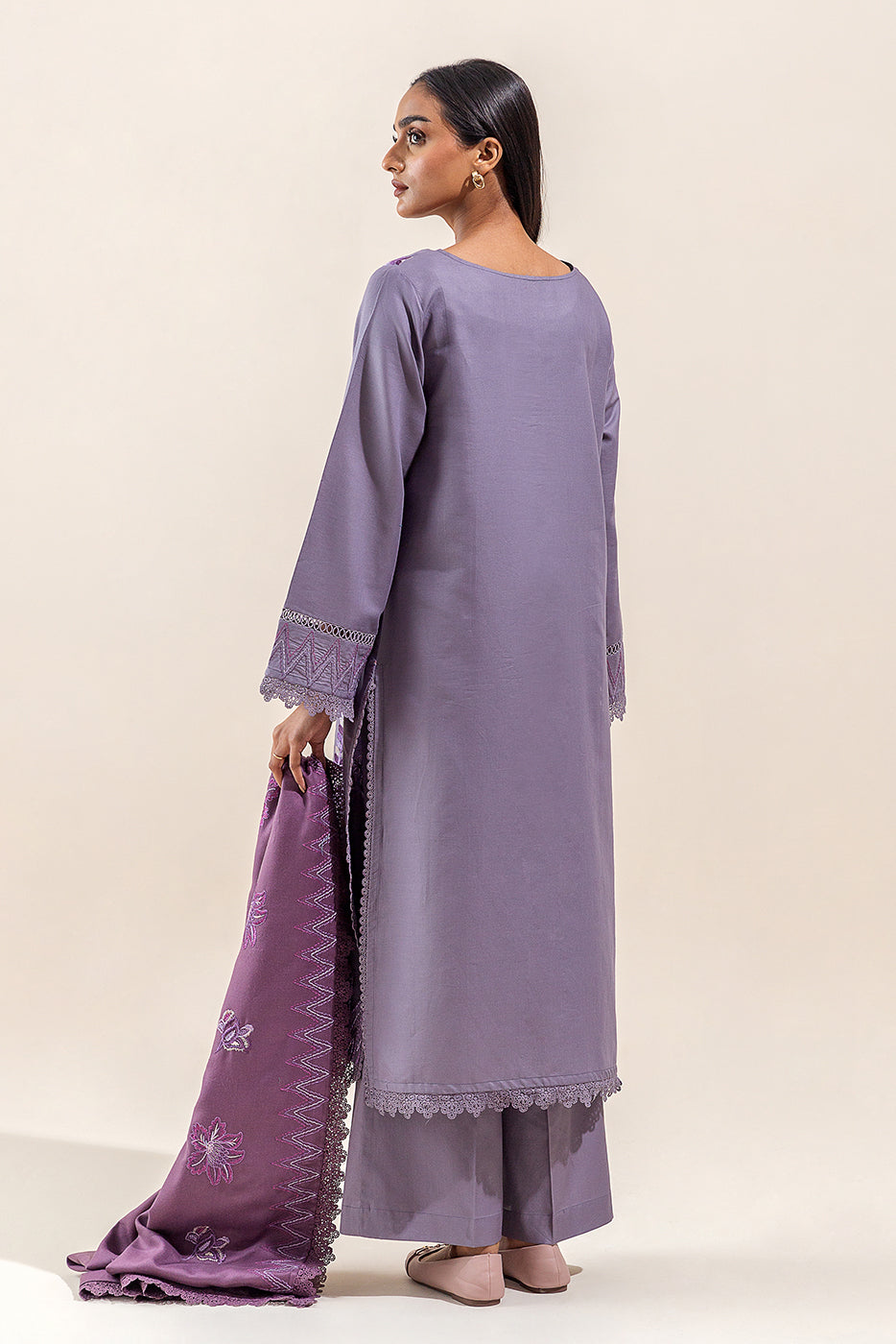 Beechtree - 3 PIECE - EMBROIDERED COTTON SATIN SUIT WITH EMBROIDERED SHAWL - FOSSIL MAUVE (UNSTITCHED)