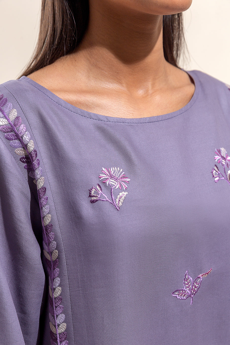 Beechtree - 3 PIECE - EMBROIDERED COTTON SATIN SUIT WITH EMBROIDERED SHAWL - FOSSIL MAUVE (UNSTITCHED)