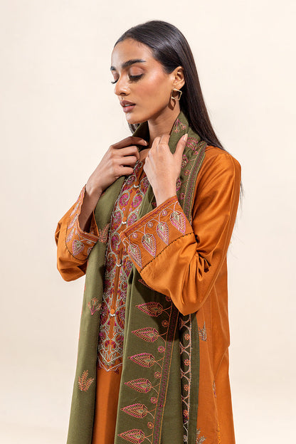 Beechtree - 3 PIECE - EMBROIDERED COTTON SATIN SUIT WITH EMBROIDERED SHAWL - BASIL DUST (UNSTITCHED)