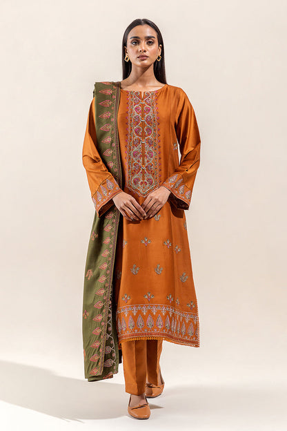 Beechtree - 3 PIECE - EMBROIDERED COTTON SATIN SUIT WITH EMBROIDERED SHAWL - BASIL DUST (UNSTITCHED)