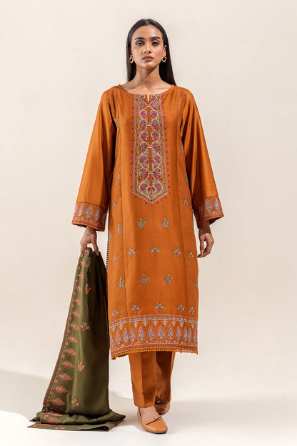 Beechtree - 3 PIECE - EMBROIDERED COTTON SATIN SUIT WITH EMBROIDERED SHAWL - BASIL DUST (UNSTITCHED)