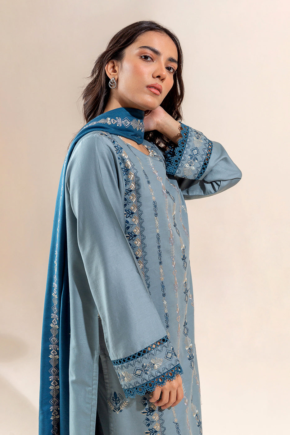 Beechtree - 3 PIECE - EMBROIDERED  COTTON SATIN SUIT - DUSTY SKY (UNSTITCHED)