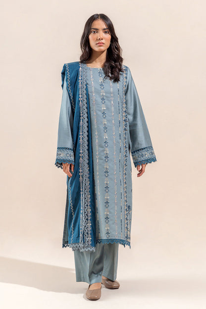 Beechtree - 3 PIECE - EMBROIDERED  COTTON SATIN SUIT - DUSTY SKY (UNSTITCHED)